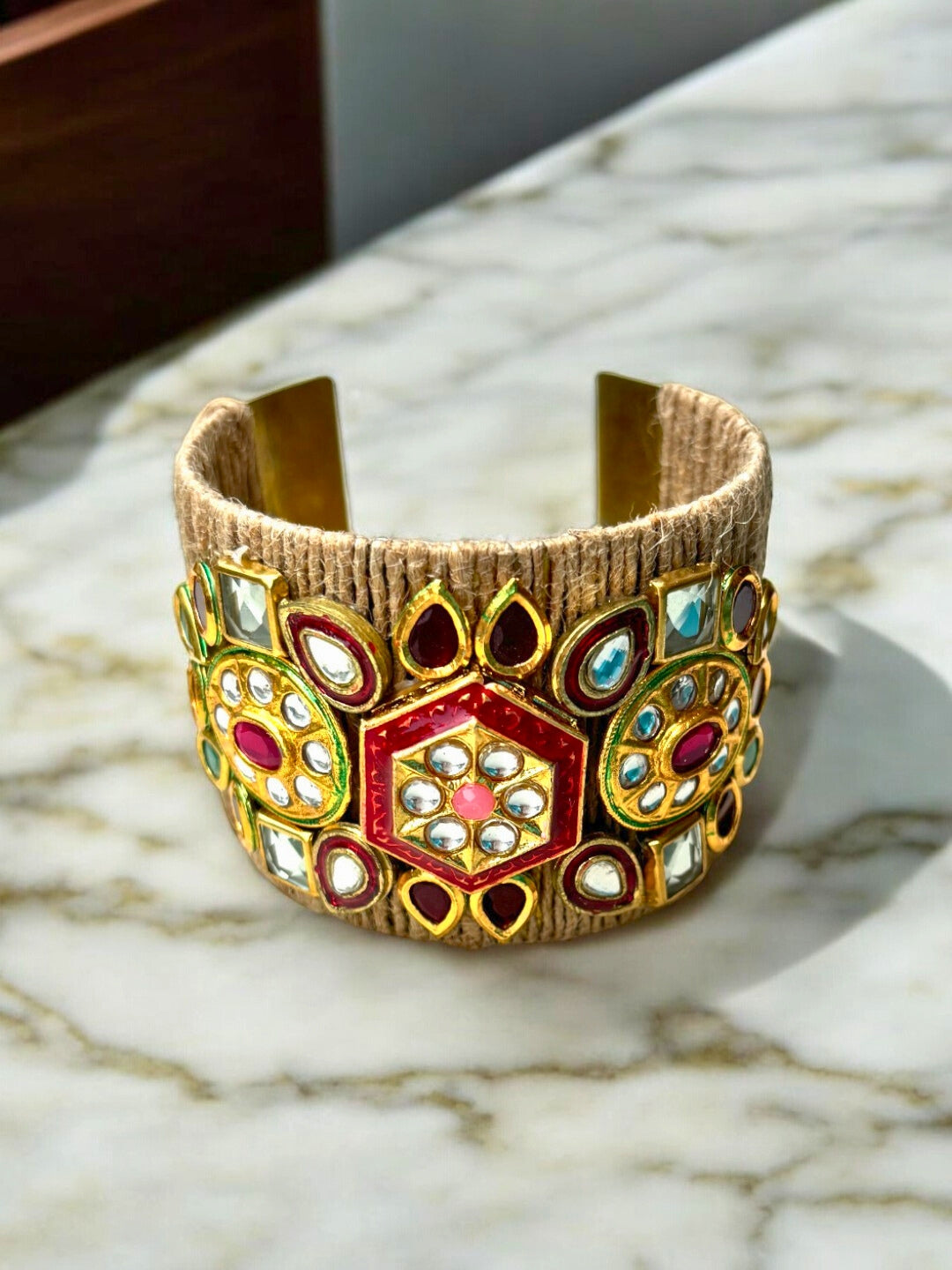 VIVAZS Golden ,Green and Red Kundan Adjustable Jute Bracelet