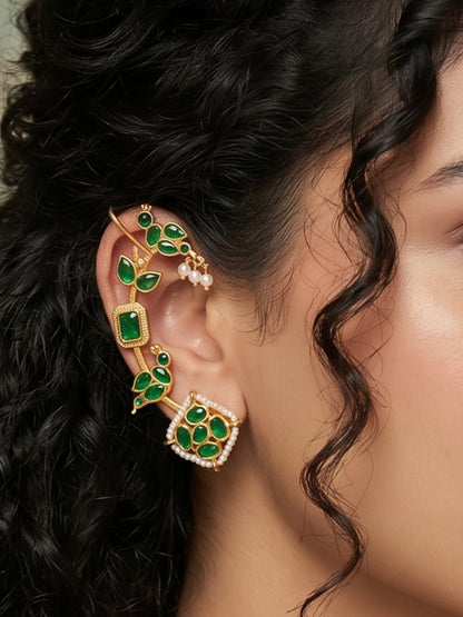 VIVAZS Gold Plated Contemporary Ear Cuff Earrings (Green)