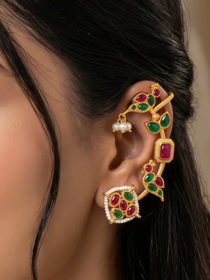 VIVAZS Gold Plated Contemporary Ear Cuff Earrings (Green and Pink)