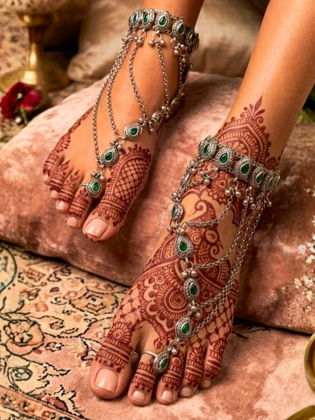 Women Oxidised Silver-Plated Pink Kundan Stone-Studded Layered Anklet with Toe Ring