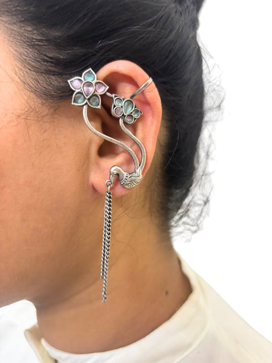 VIVAZS Silver Plated Bird Contemporary Ear Cuff Earrings (Pink and Mint)