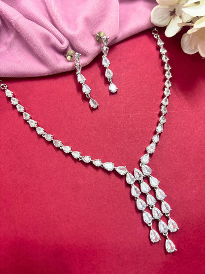 Silver Plated Ad & Cubic Zirconia Studded Premium Necklace Jewellery Set