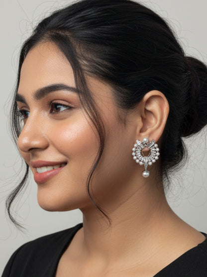 Silver Plated Oversized AD & White Pearl Drop Earrings