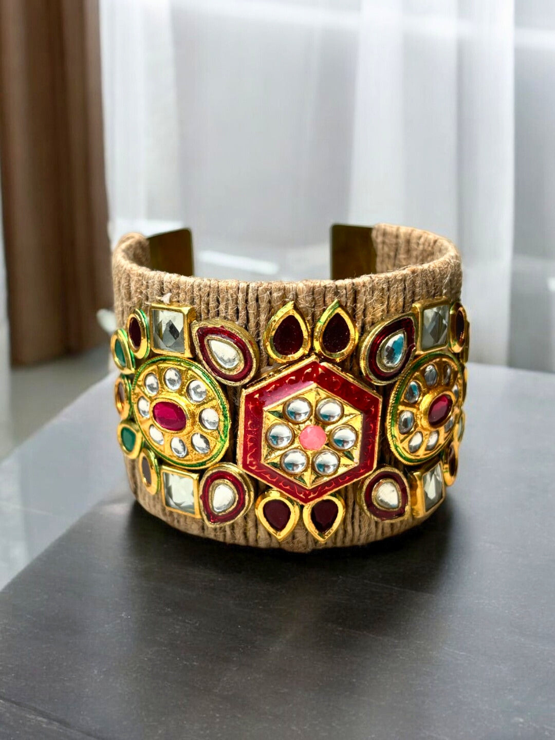 VIVAZS Golden ,Green and Red Kundan Adjustable Jute Bracelet