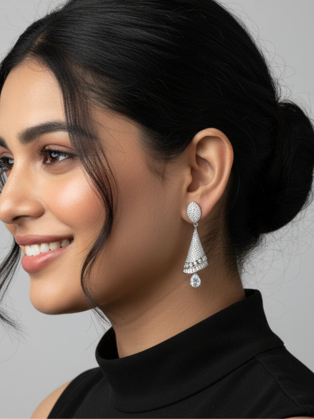 Silver-Plated Contemporary AD Studded Drop Earrings