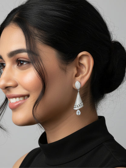 Silver-Plated Contemporary AD Studded Drop Earrings