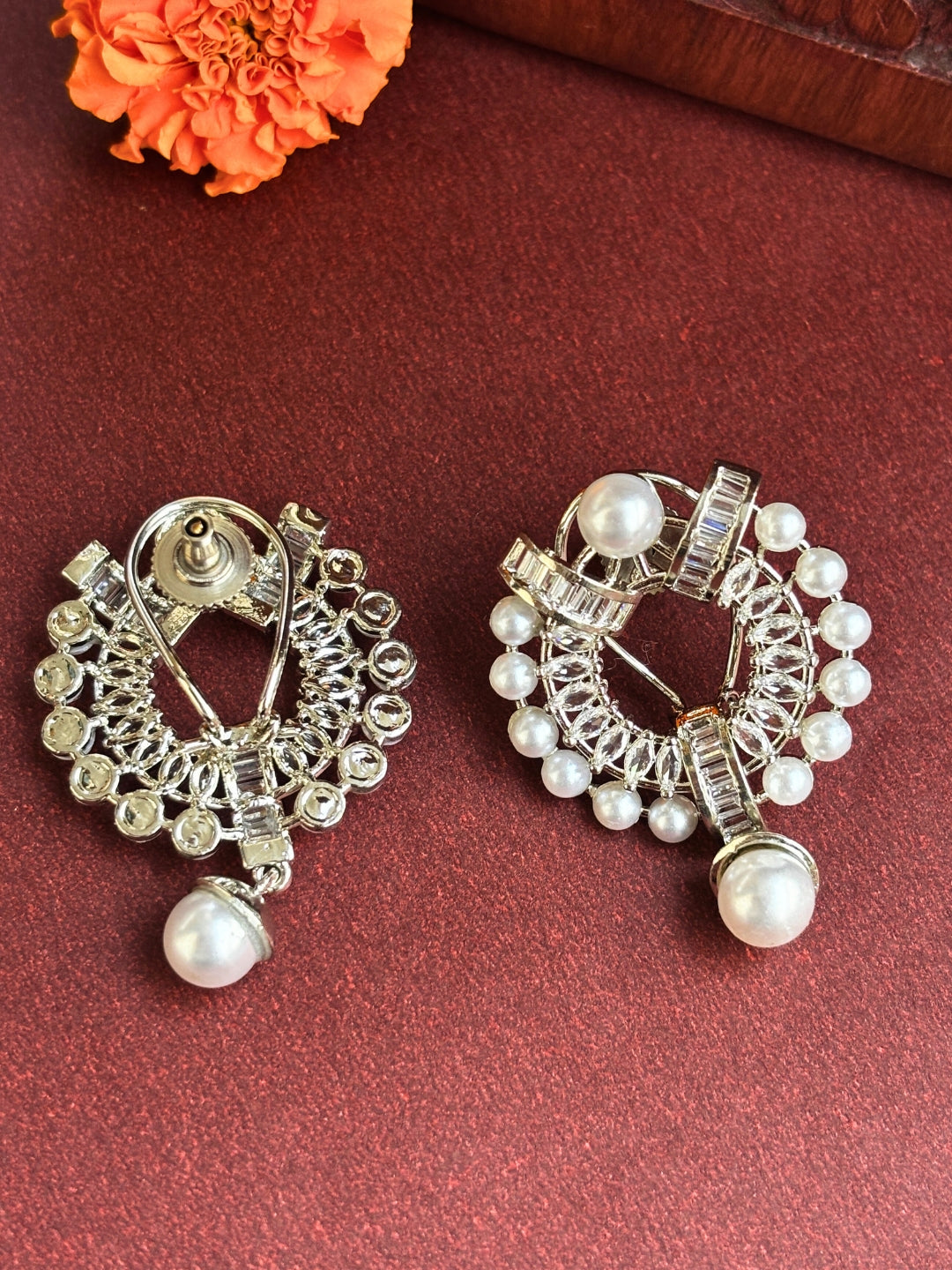 Silver Plated Oversized AD & White Pearl Drop Earrings