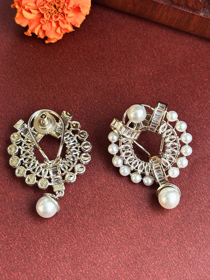 Silver Plated Oversized AD & White Pearl Drop Earrings