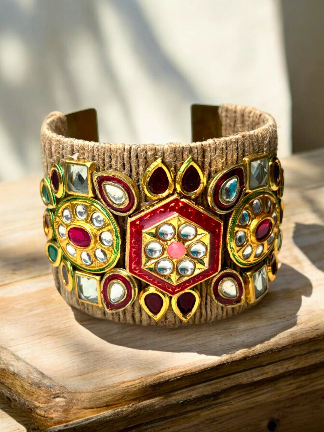 VIVAZS Golden ,Green and Red Kundan Adjustable Jute Bracelet