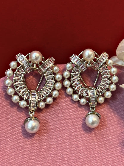 Silver Plated Oversized AD & White Pearl Drop Earrings