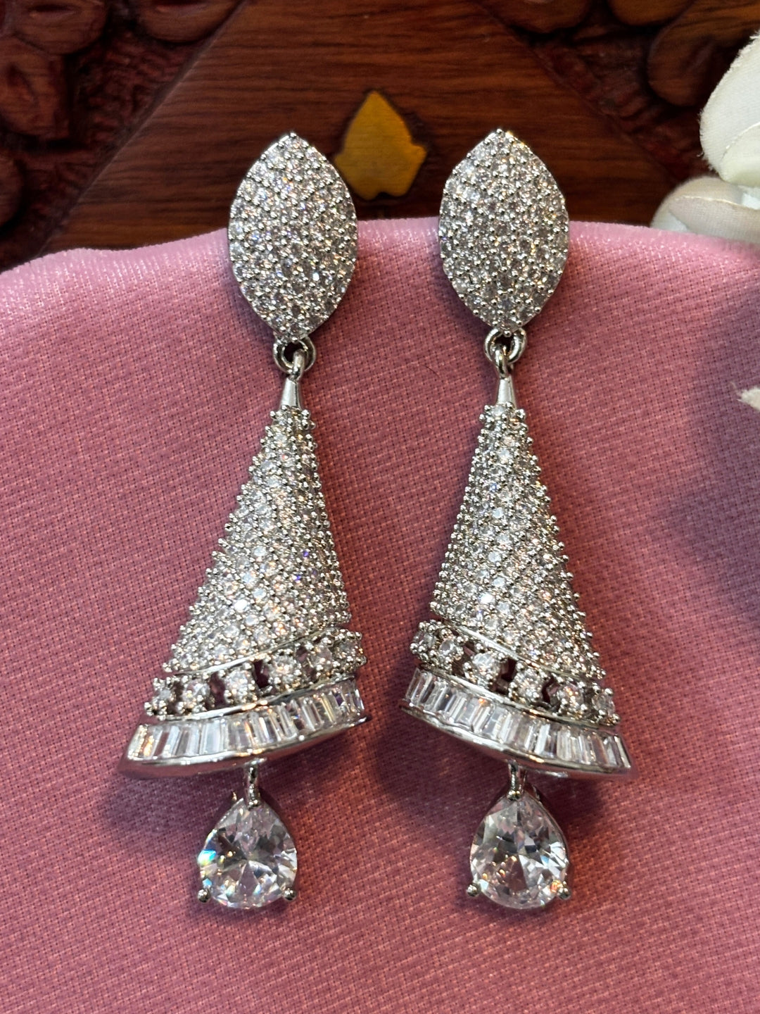 Silver-Plated Contemporary AD Studded Drop Earrings
