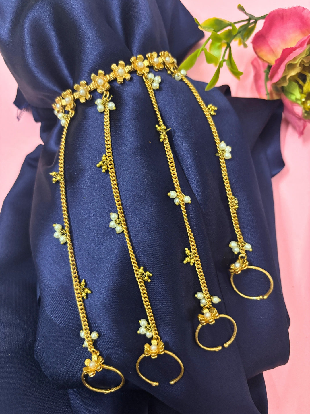VIVAZS Gold-Plated Ring Bracelet With Hathphool (One Hand Only)