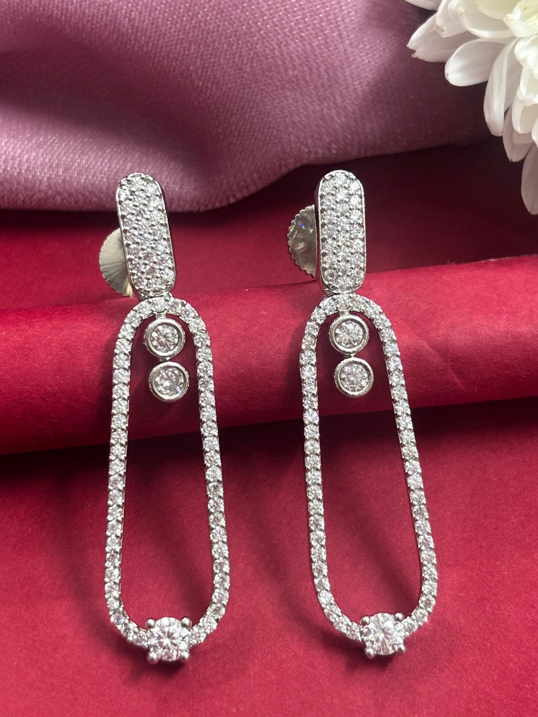Silver-Plated Contemporary AD Studded Drop Earrings
