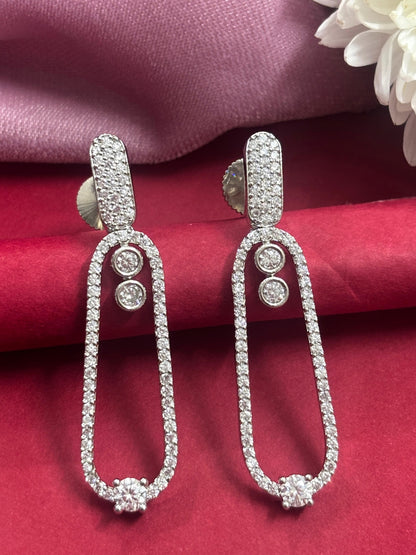 Silver-Plated Contemporary AD Studded Drop Earrings