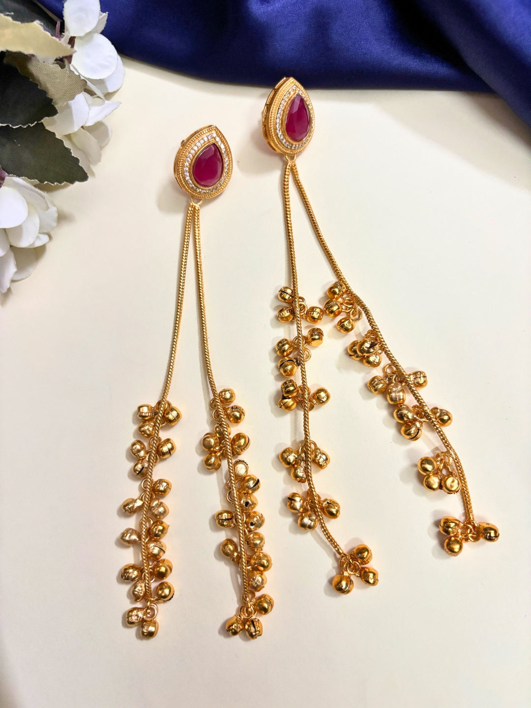 VIVAZS Kashmiri AD Long Drop Earrings (Red)