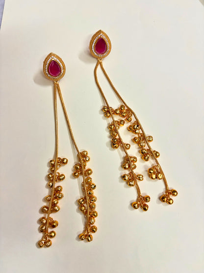 VIVAZS Kashmiri AD Long Drop Earrings (Red)