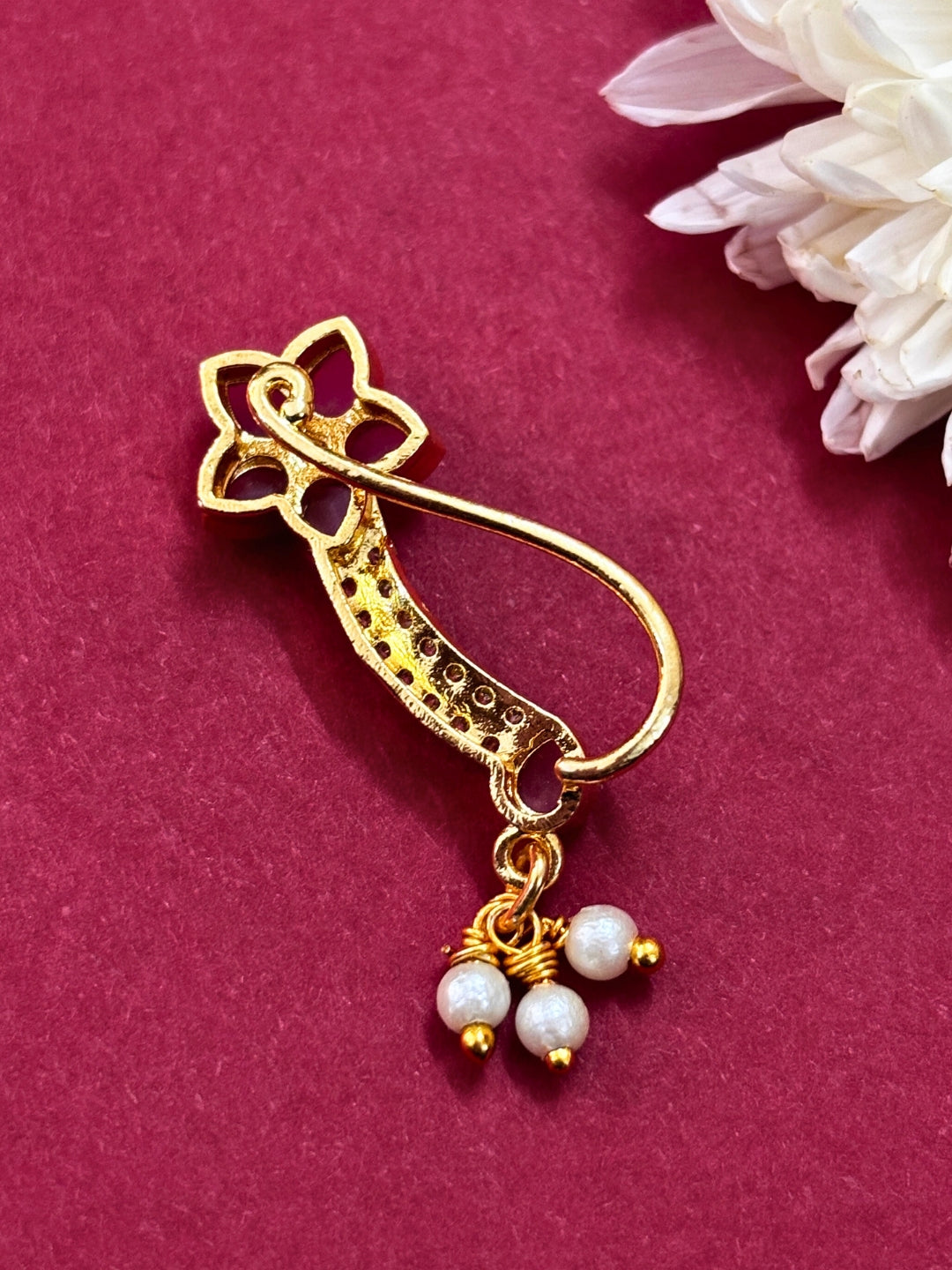 18K Gold-Plated Floral Enamel Ruby Pink Stone Nath Nose Pin with Pearl Marathi Nosepin
