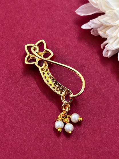 18K Gold-Plated Floral Enamel Ruby Pink Stone Nath Nose Pin with Pearl Marathi Nosepin