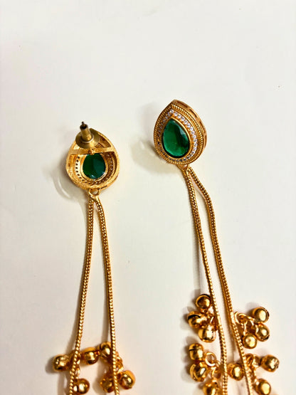 VIVAZS Kashmiri AD Long Drop Earrings (Green)