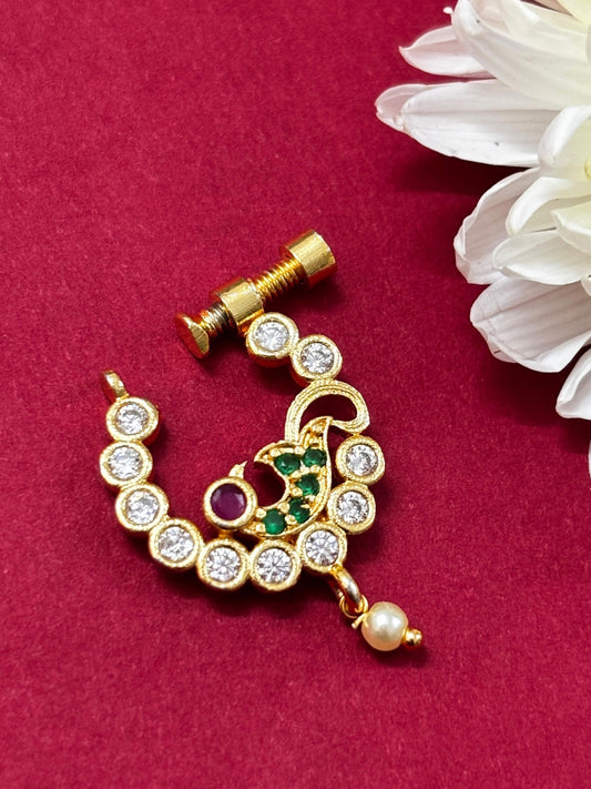 Gold-Plated Ruby Red & Green AD Studded Nosepin