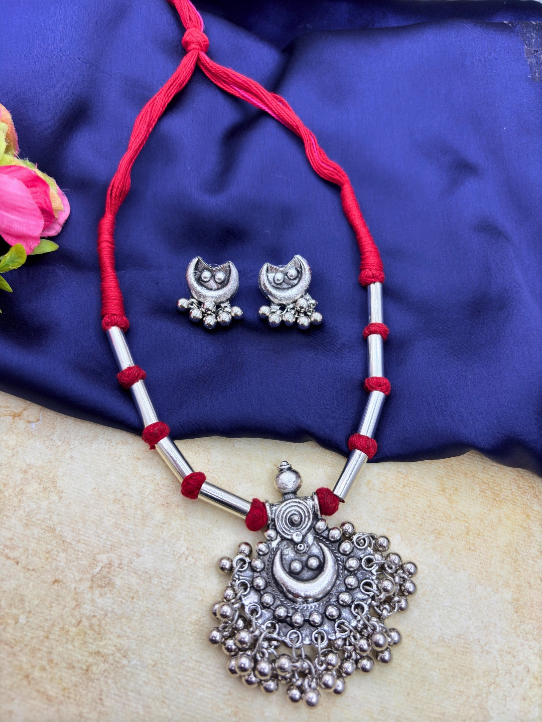 Women Oxidised Silver-Plated & Gold-Toned Stone Studded Long Pendant Necklace Jewellery Set
