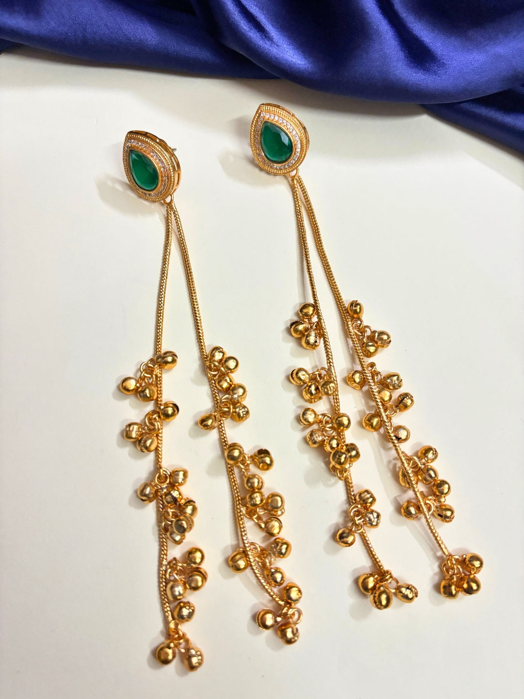 VIVAZS Kashmiri AD Long Drop Earrings (Green)