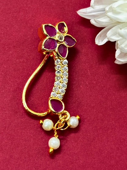 18K Gold-Plated Floral Enamel Ruby Pink Stone Nath Nose Pin with Pearl Marathi Nosepin