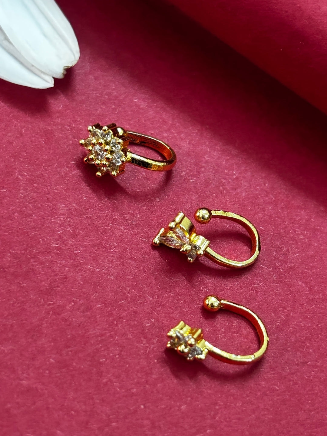 18K Gold Plated combo Set of 3 AD Studded Nose Pins