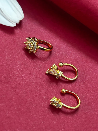18K Gold Plated combo Set of 3 AD Studded Nose Pins