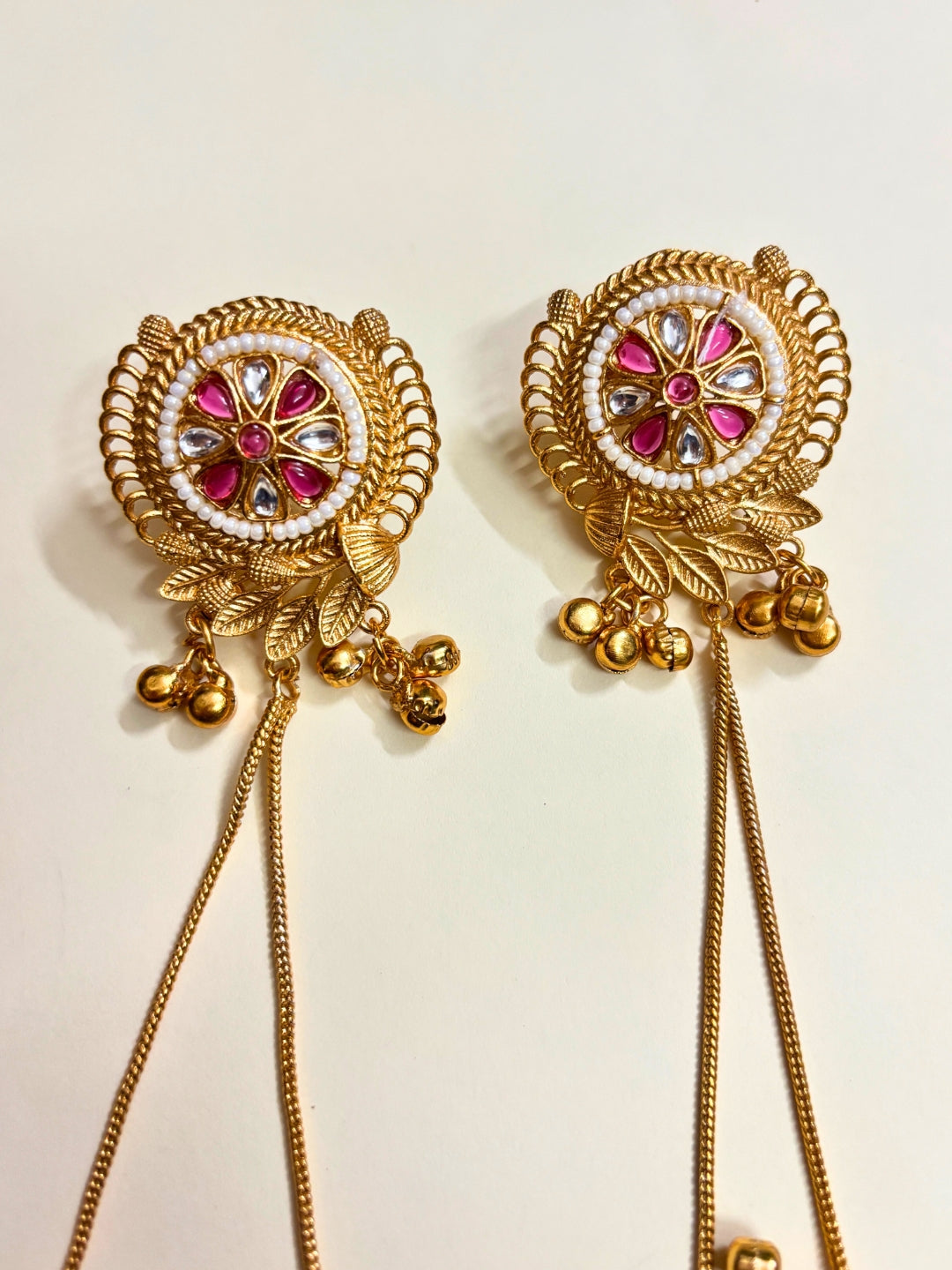 VIVAZS Kashmiri Long Drop Earrings (Pink and White)