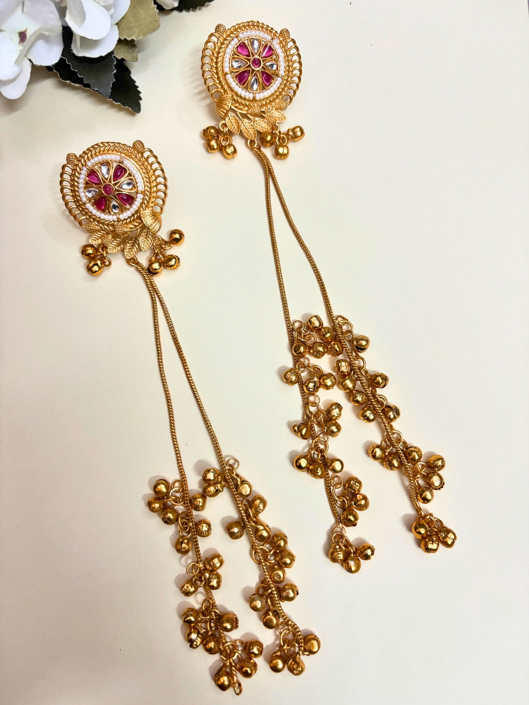 VIVAZS Kashmiri Long Drop Earrings (Pink and White)