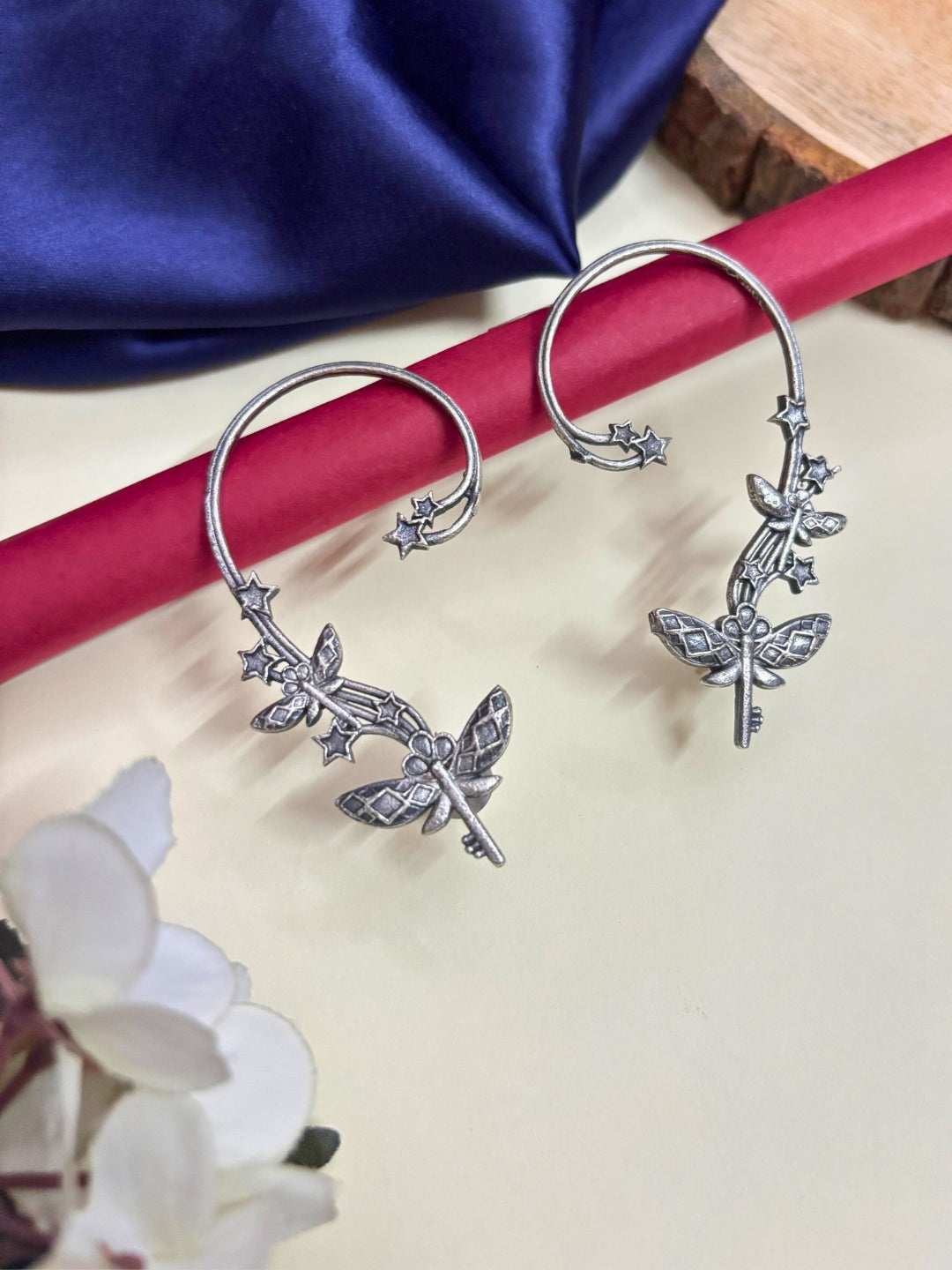 VIVAZS Silver Plated Butterfly Contemporary Ear Cuff Earrings