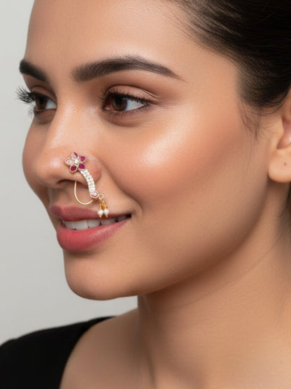 18K Gold-Plated Floral Enamel Ruby Pink Stone Nath Nose Pin with Pearl Marathi Nosepin