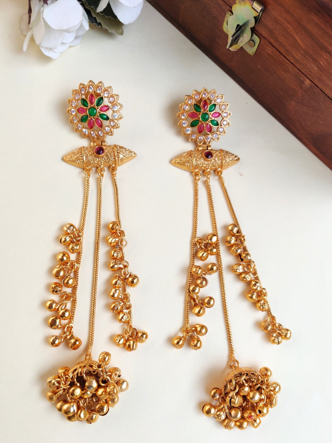 VIVAZS Kashmiri Long Drop Earrings (Pink and Green)