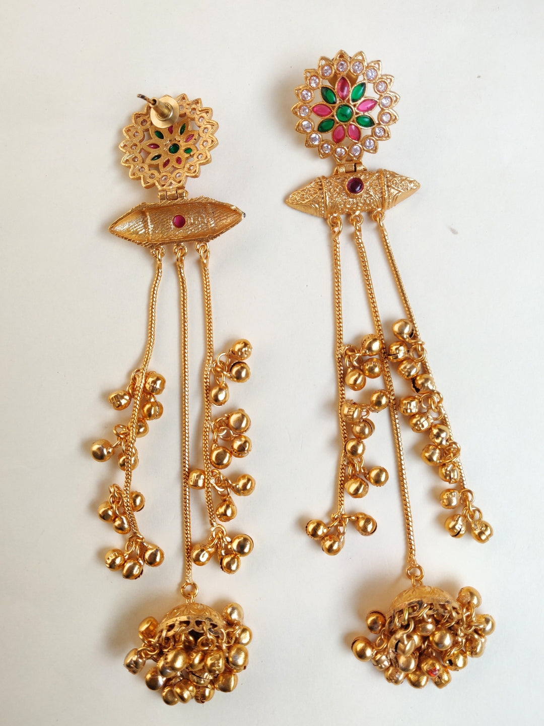 VIVAZS Kashmiri Long Drop Earrings (Pink and Green)