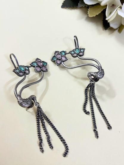 VIVAZS Silver Plated Bird Contemporary Ear Cuff Earrings (Pink and Mint)