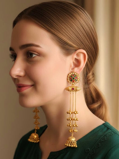 VIVAZS Kashmiri Long Drop Earrings (Pink and Green)