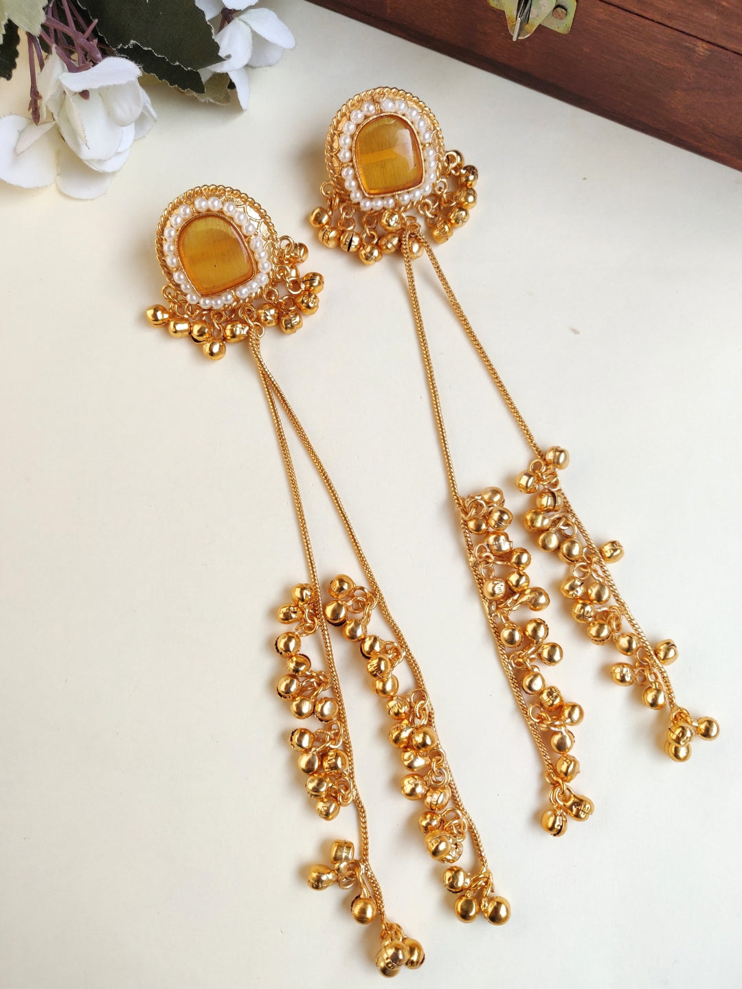 VIVAZS Kashmiri Long Drop Earrings (Yellow)