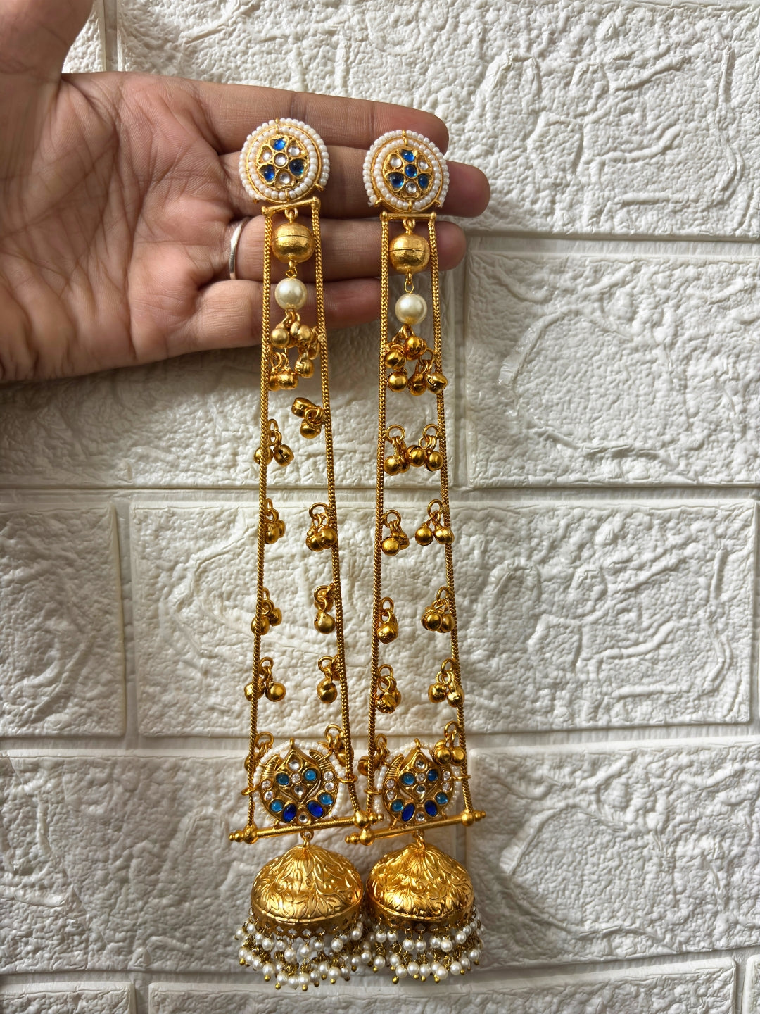 VIVAZS Gold Plated Kashmiri Long Drop Earrings(Blue and White)