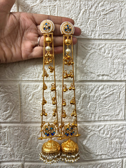 VIVAZS Gold Plated Kashmiri Long Drop Earrings(Blue and White)