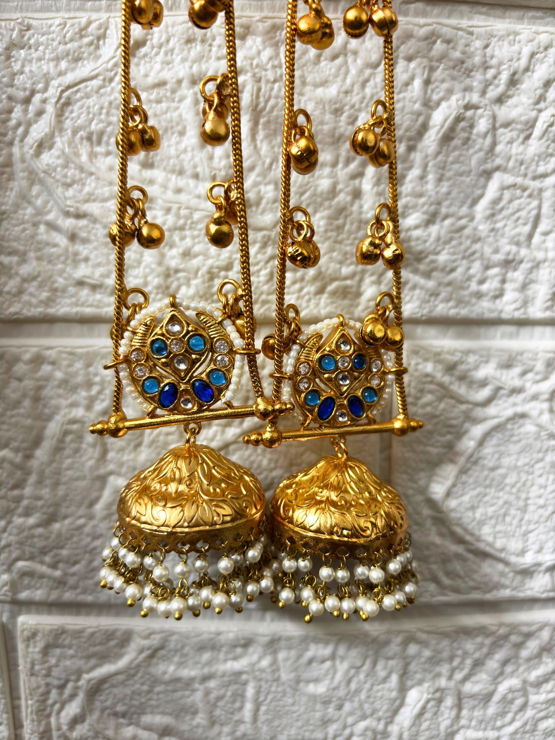 VIVAZS Gold Plated Kashmiri Long Drop Earrings(Blue and White)