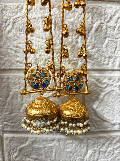 VIVAZS Gold Plated Kashmiri Long Drop Earrings(Blue and White)