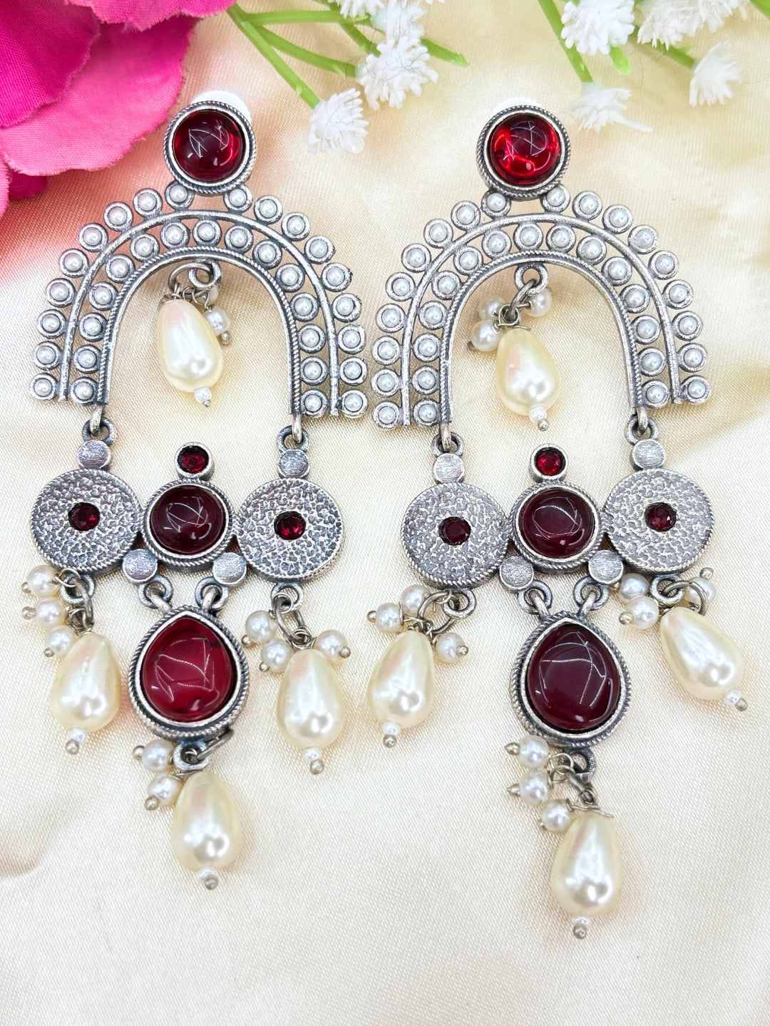Ruby Red Stone & Pearl Embellished Oxidised Chandbali Statement Earrings