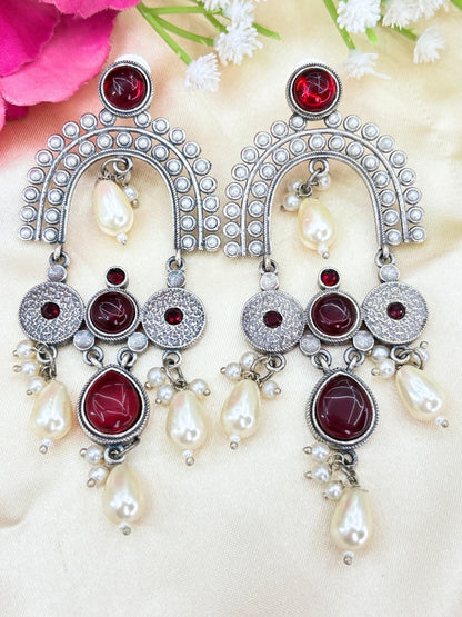 Ruby Red Stone & Pearl Embellished Oxidised Chandbali Statement Earrings