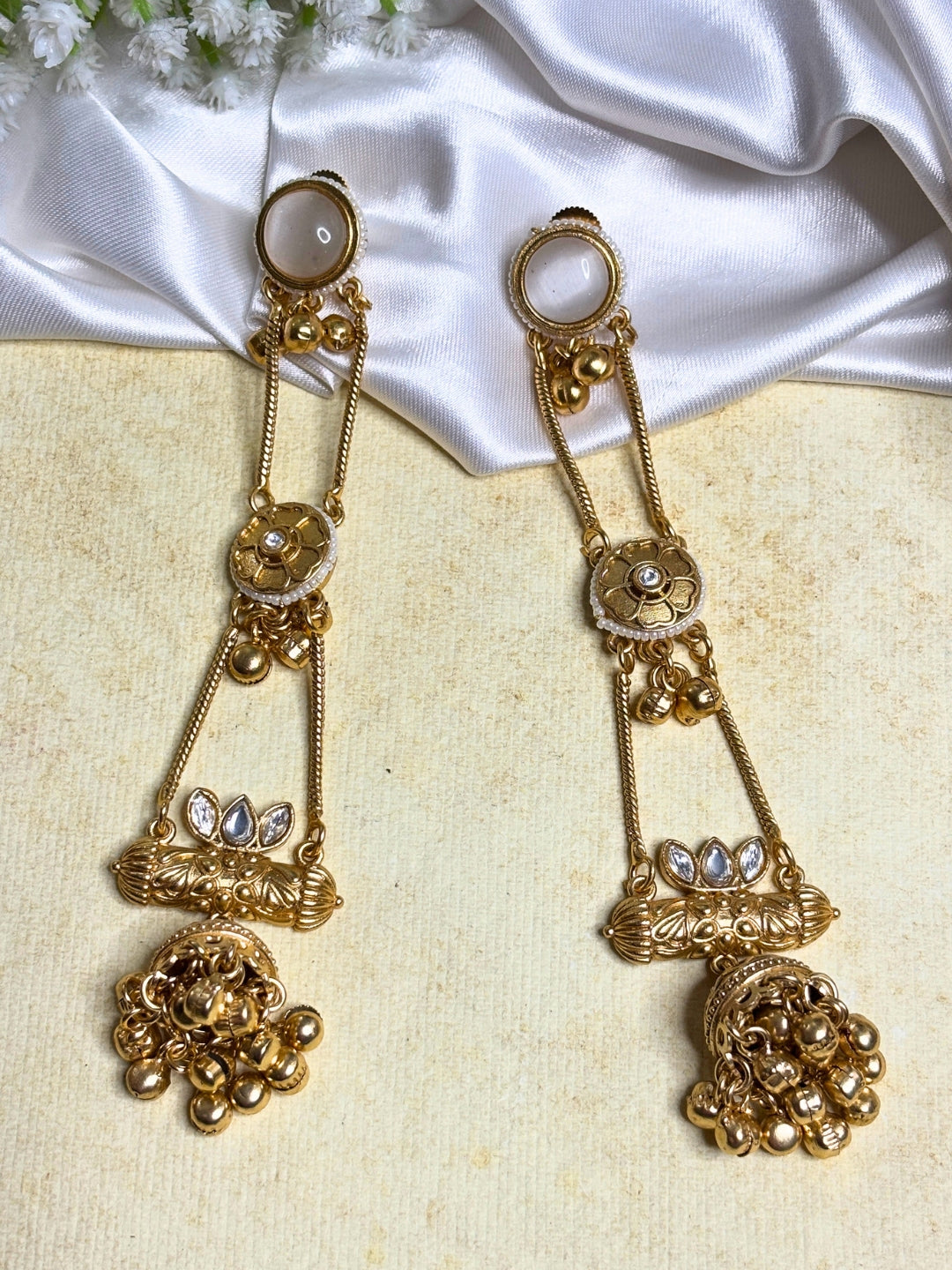 Gold-Plated Pearl Studded Kundan Long Chain Kashmiri Jhumka Earrings
