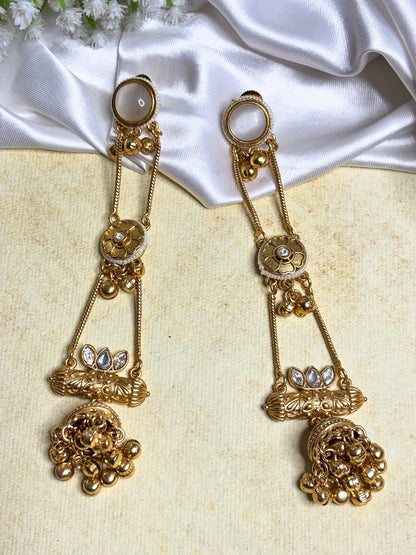 Gold-Plated Pearl Studded Kundan Long Chain Kashmiri Jhumka Earrings