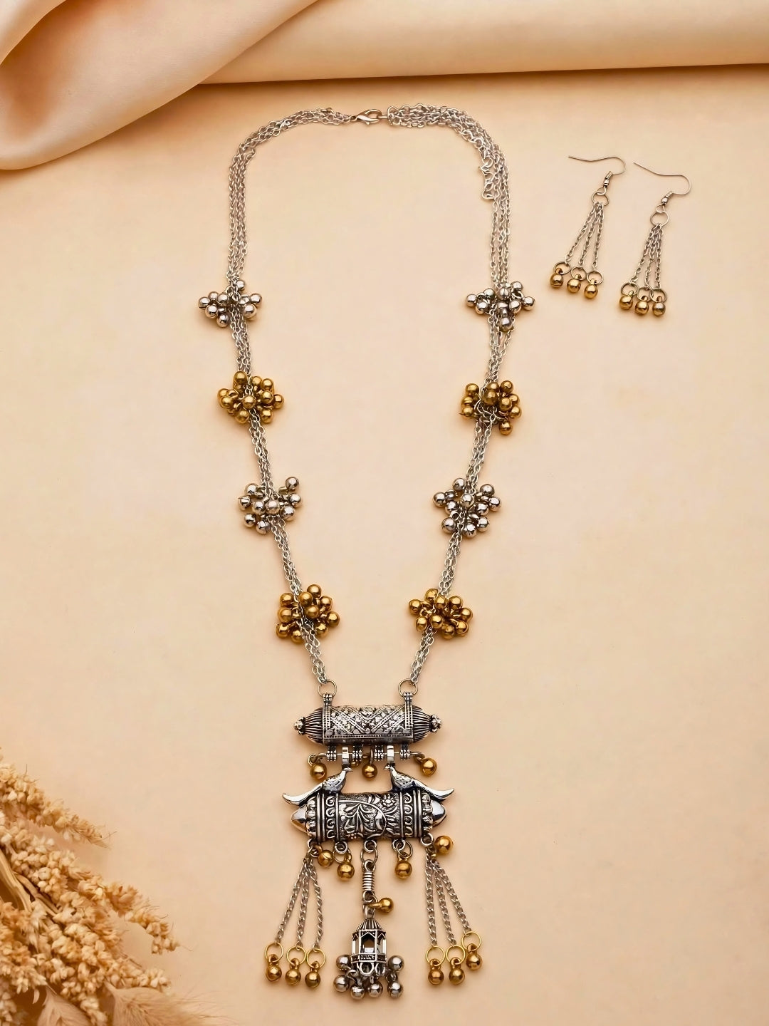 Dual-Tone Silver-Plated Oxidised Tribal Necklace Jewellery Set
