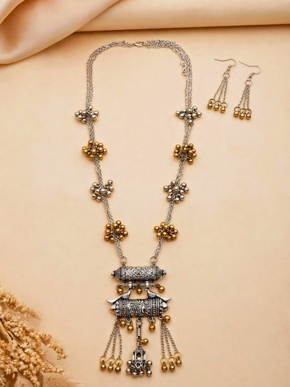 Dual-Tone Silver-Plated Oxidised Tribal Necklace Jewellery Set