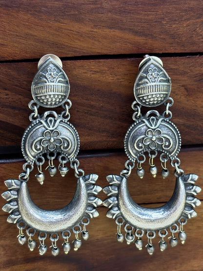 Women Silver-Plated Oxidized Crescent-Shaped Chandbali Drop Earrings