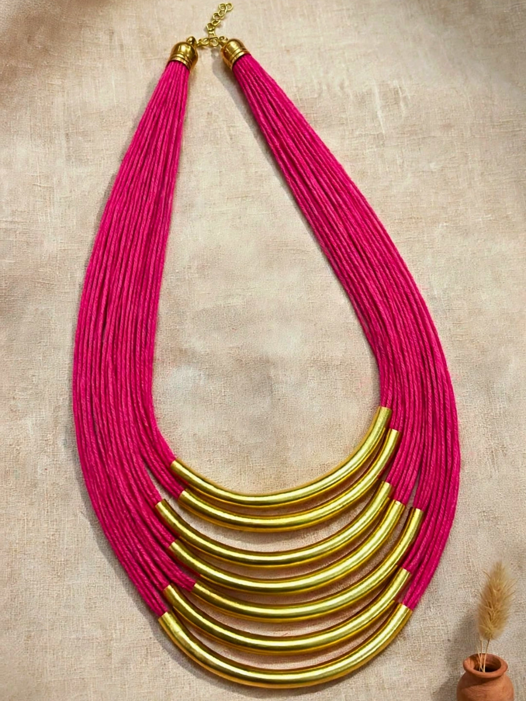 Gold-Plated Oxidised Statement Magenta Thread Layered Jute Necklace